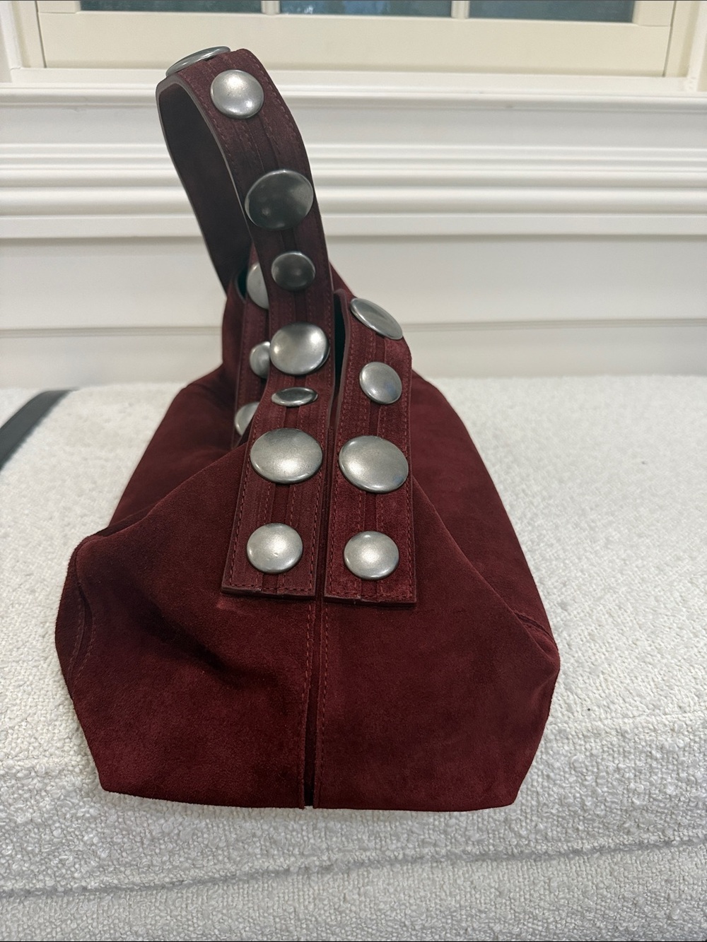 Zara Burgundy Suede Shoulder Bag with Silver Stud Strap - Picture 5 of 7